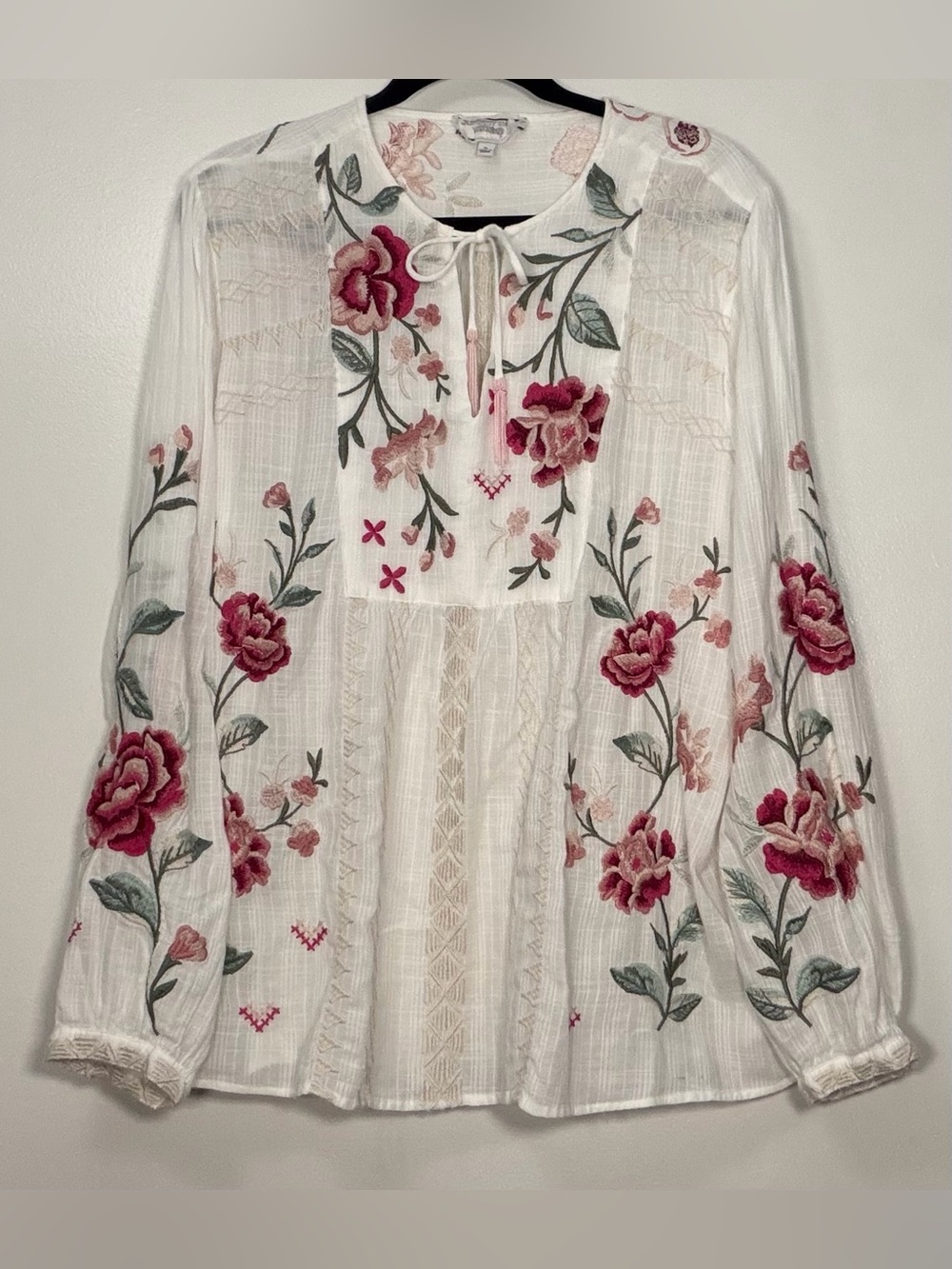 Johnny Was White Peasant Blouse with Pink Rose Embroidery